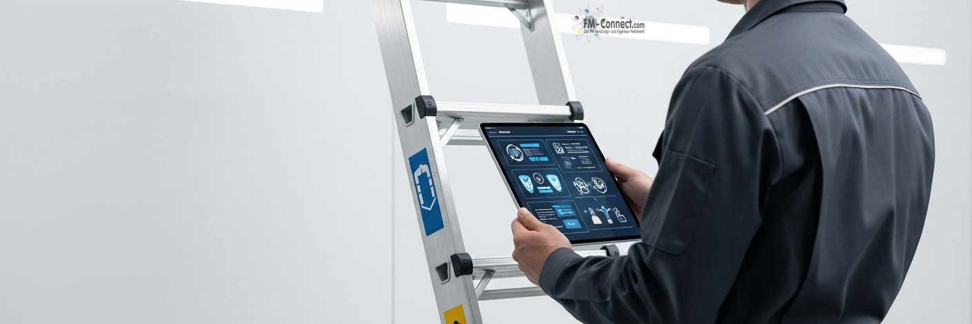 Compliance-Dokumente zu Anlegeleitern im Arbeitsschutz mit Leiter, PSA und Sicherheits-Symbolen