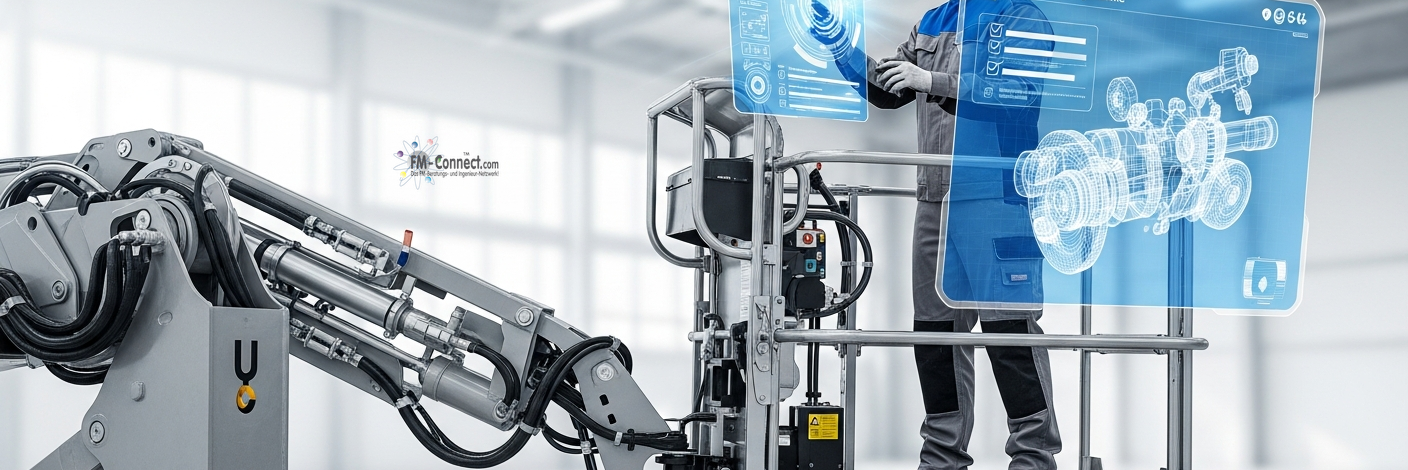 Compliance-Dokumente zu Arbeitsbühnen und Hubarbeitsbühnen als Personenaufnahmemittel mit PSA und Sicherheits-Symbolen