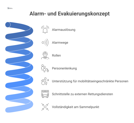 Flussdiagramm des Evakuierungsprozesses von der Alarmauslösung über definierte Rollen und Wege bis zum Sammelpunkt, inklusive externer Rettungsdienste.