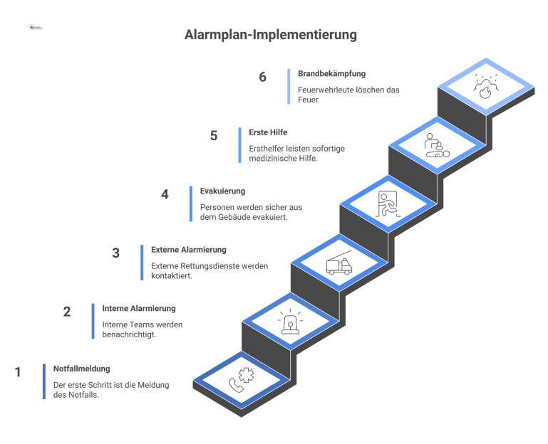 Flussdiagramm eines Alarmplans mit Schritten wie Notfallmeldung, Alarmierung, Evakuierung, Erste Hilfe und Brandbekämpfung sowie Informationen für Rettungskräfte.