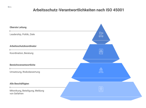 Pyramiden-Organigramm, das die Verantwortlichkeiten im Arbeitsschutz nach ISO 45001 zeigt, von der Leitung an der Spitze bis zu den Beschäftigten an der Basis. 
