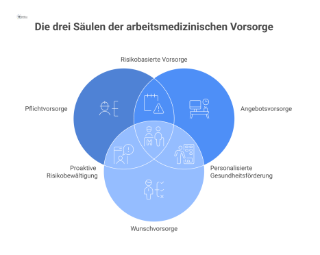 Infografik zeigt die drei Säulen der arbeitsmedizinischen Vorsorge: Pflichtvorsorge mit Warnsymbol, Angebotsvorsorge mit Kalendersymbol und Wunschvorsorge mit Sprechblasensymbol.