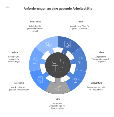 Hub-and-Spoke-Infografik zu den Anforderungen einer modernen, gesunden Arbeitsstätte mit den Kategorien Raum, Klima, Lärm, Ergonomie und Hygiene.