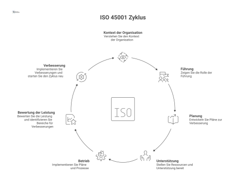 Ein zyklisches Diagramm des kontinuierlichen Verbesserungsprozesses nach ISO 45001, das sieben Phasen in einem geschlossenen Kreislauf darstellt.