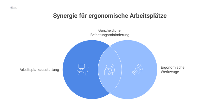 Mindmap zum Thema Ergonomie am Arbeitsplatz mit den Hauptästen Arbeitsplatzausstattung und ergonomische Werkzeuge zur Minimierung von Belastungen.