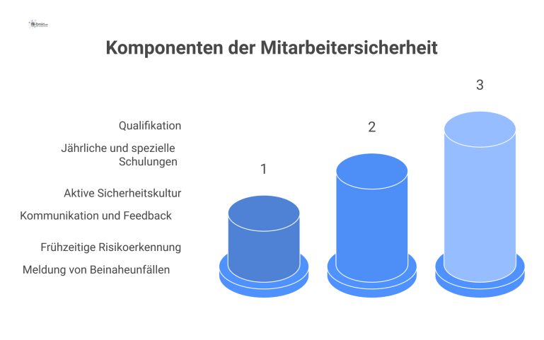 Ein Kreislauf-Diagramm, das den kontinuierlichen Verbesserungsprozess der Mitarbeitersicherheit durch Qualifikation, aktive Sicherheitskultur und frühzeitige Risikoerkennung darstellt.