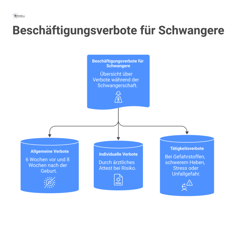 Diagramm, das die Beschäftigungsverbote für Schwangere in drei Bereiche gliedert: allgemeine, individuelle und tätigkeitsbezogene Verbote mit Details.