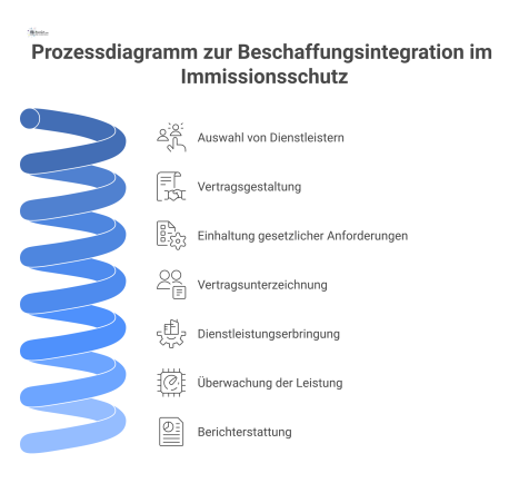 Prozessdiagramm zur Auswahl von Dienstleistern im Immissionsschutz, das die Vertragsgestaltung mit SLAs und die Einhaltung gesetzlicher Anforderungen zeigt. 