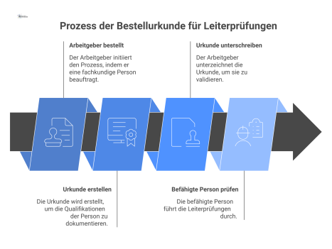Infografik des Prozesses einer Bestellurkunde für Leiterprüfungen: Ein Arbeitgeber bestellt eine fachkundige Person, die Leitern rechtskonform prüfen darf.