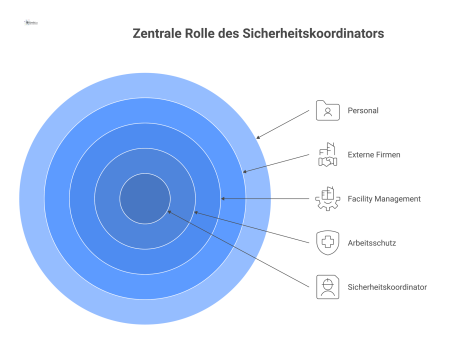 Infografik, die den Sicherheitskoordinator als zentralen Knotenpunkt zeigt, der Arbeitsschutz, Facility Management, externe Firmen und Personal miteinander verbindet.