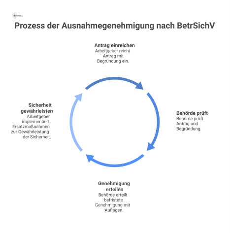 Flussdiagramm zum Prozess einer Ausnahmegenehmigung: Ein Arbeitgeber beantragt, die Behörde prüft und erteilt eine befristete Genehmigung mit Auflagen.