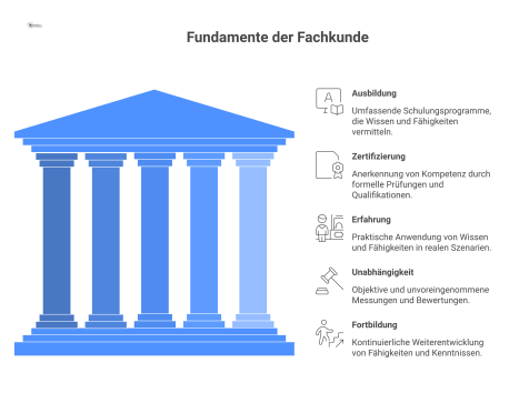 Infografik mit fünf Säulen der Fachkunde: Ausbildung, Zertifizierung, Erfahrung, Unabhängigkeit und Fortbildung, die einen Giebel 'Qualifizierte Gefährdungsbeurteilung' tragen.
