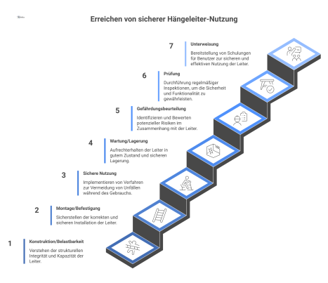 Mindmap zur Betriebsanweisung für Hängeleitern mit den Hauptpunkten Konstruktion, Montage, sichere Nutzung, Wartung und deren Verbindung zur Gefährdungsbeurteilung und Prüfung.