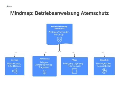 Mindmap zum Thema Betriebsanweisung Atemschutz mit den vier Hauptbereichen Auswahl, Anwendung, Pflege und Sicherheit und technischen Icons.