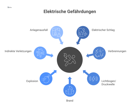 Mindmap mit dem zentralen Thema 'Elektrische Gefährdungen' und Ästen zu den Hauptgefahren wie elektrischer Schlag, Brand, Explosion und Stürze.