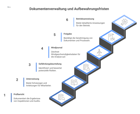 Ein Kacheldiagramm zeigt sechs Dokumententypen mit ihren jeweiligen Aufbewahrungsfristen in Jahren sowie Icons für Ersteller und Medium.