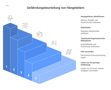 Ein Flussdiagramm zur Gefährdungsbeurteilung von Hängeleitern, das die Gefahren Absturz und Pendeln und die Lösungsmaßnahmen nach dem STOP-Prinzip visualisiert.