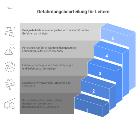 Infografik-Flussdiagramm zur Gefährdungsbeurteilung für Leitern, das Gefahren und abgeleitete Schutzmaßnahmen nach der TOP-Hierarchie über den gesamten Lebenszyklus visualisiert. 