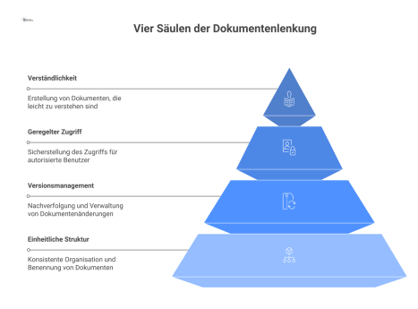 Infografik der vier Säulen der Dokumentenlenkung: Struktur, Versionsmanagement, Zugriff und Verständlichkeit, die auf dem Fundament Sicherheit und Effizienz stehen. 