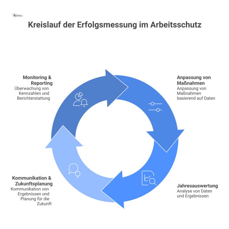 Kreislaufdiagramm mit vier Phasen zur Erfolgsmessung im Arbeitsschutz: Monitoring, Anpassung von Maßnahmen, Jahresauswertung sowie Kommunikation und Zukunftsplanung.