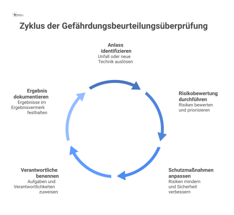 Prozessdiagramm des Kreislaufs zur Überprüfung einer Gefährdungsbeurteilung, von Anlass über Risikobewertung und Schutzmaßnahmen bis hin zur Dokumentation.