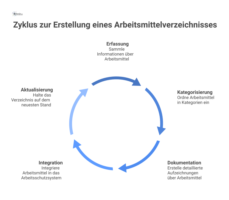 Ein zyklisches Flussdiagramm mit fünf Schritten: Erfassung, Kategorisierung, Dokumentation, Integration und Aktualisierung zur Erstellung eines Arbeitsmittelverzeichnisses im Arbeitsschutz.