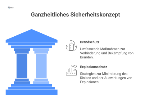 Infografik zum Brand- und Explosionsschutz, die den Brandschutz in die Säulen Technik, Organisation und Personal und den Explosionsschutz unterteilt.