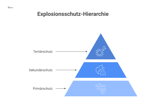 Infografik, die das hierarchische Explosionsschutzkonzept mit den drei Stufen (Primär, Sekundär, Tertiär) und die Einteilung der Ex-Zonen darstellt.