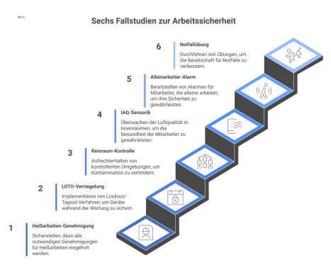 Infografik-Diagramm, das sechs Fallstudien zur Arbeitssicherheit als Mini-Prozesse mit Icons darstellt, darunter Heißarbeiten, LOTO-Verriegelung und Notfallübungen.