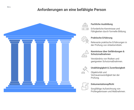 Infografik zu den Anforderungen an eine befähigte Person, die auf dem Fundament der BetrSichV fünf Qualifikationssäulen zeigt.
