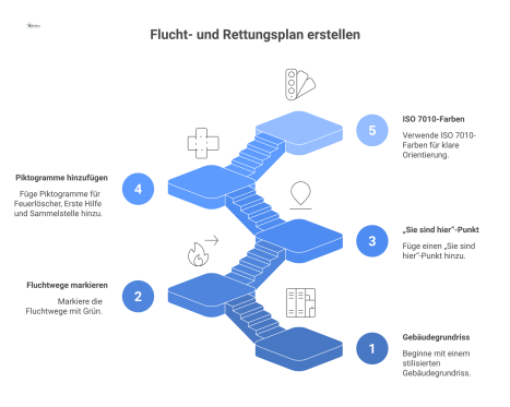 Diagramm eines Fluchtplans mit markierten Fluchtwegen, einem Standortpunkt und Piktogrammen für Feuerlöscher, Erste-Hilfe sowie einer Sammelstelle.