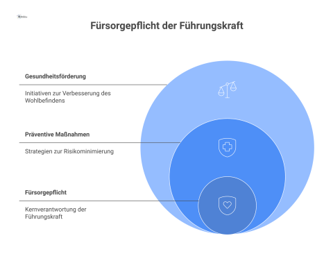 Eine Mindmap zur Fürsorgepflicht mit den Hauptästen Präventive Maßnahmen und Gesundheitsförderung, die jeweils mit Unterpunkten und Icons visualisiert sind.