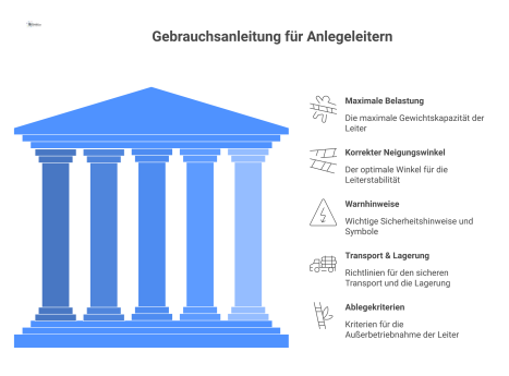 Infografik einer Anlegeleiter mit Piktogrammen zur korrekten Nutzung, wie Belastung, Neigungswinkel, Warnhinweise, Transport, Lagerung und Ablegekriterien.