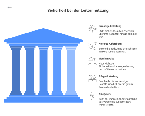 Infografik mit einem zentralen Dokument zur Leiter-Gebrauchsanleitung, von dem fünf Äste zu Belastung, Aufstellung, Warnhinweisen, Pflege und Ablegereife abgehen