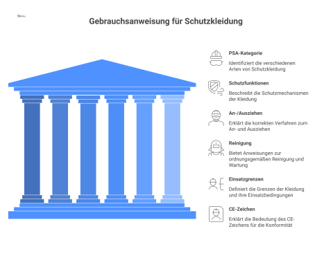Infografik mit einem Mitarbeiter in Schutzkleidung, umgeben von Icons, die Gebrauchsanweisungen zu Kategorien, Funktionen und Reinigung der PSA erklären.