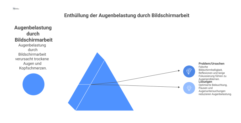 Infografik, die Probleme der Augenbelastung bei Bildschirmarbeit und deren Lösungen wie die 20-20-20-Regel und gute Beleuchtung aufzeigt.