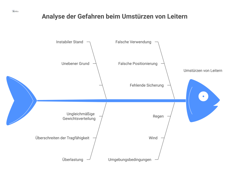 Diagramm zur Leitersicherheit, das die Gefahr des Umstürzens mit den Ursachen 'instabiler Stand' und 'Überlastung' sowie deren Lösungen darstellt.