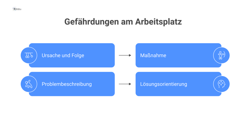 Infografik zeigt die Kausalkette von Gefährdungen am Arbeitsplatz: von der Ursache über die Folge bis zur vorgestellten Maßnahme. 
