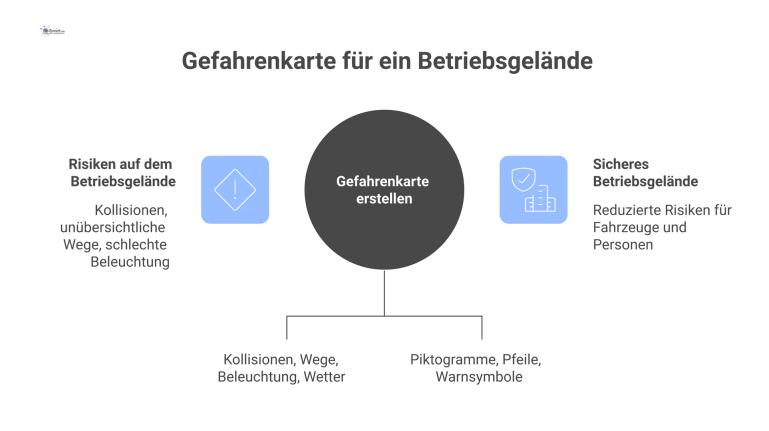 Infografik einer Gefahrenkarte, die Hauptrisiken auf einem Betriebsgelände wie Kollisionen, unübersichtliche Wege und schlechte Beleuchtung mit Piktogrammen visualisiert.