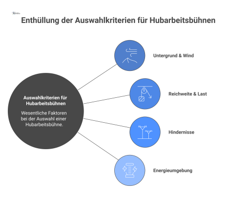 Infografik zur Gefährdungsbeurteilung bei Hubarbeitsbühnen. Sie zeigt Auswahlkriterien wie Untergrund, Wind, Reichweite, Last, Hindernisse und Energieumgebung.