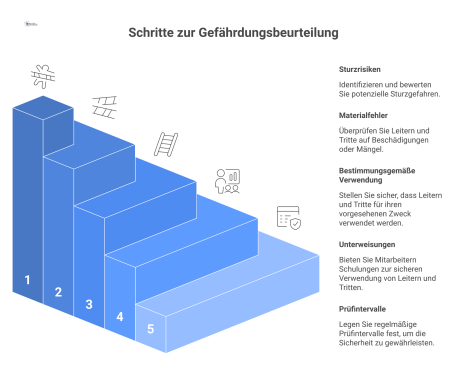 Diagramm zur Gefährdungsbeurteilung für Leitern und Tritte, das Sturzrisiken, Materialfehler, Verwendung, Unterweisungen und Prüfintervalle als Unterpunkte aufführt.