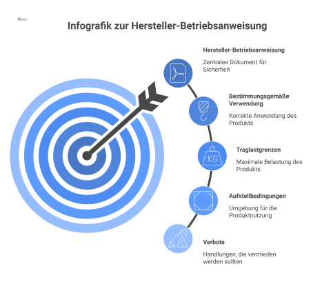 Infografik zur Hersteller-Betriebsanweisung mit fünf Schlüsselelementen: Bestimmungsgemäße Verwendung, Traglastgrenzen, Aufstellbedingungen, Transport/Lagerung und Verbote, jeweils mit Icons.