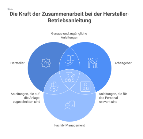 Infografik zum Ökosystem der Betriebsanleitung, welche die Verantwortlichkeiten von Hersteller, Arbeitgeber und Facility Management für die Wartung darstellt.