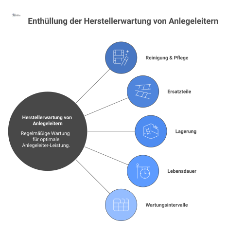 Infografik zur Herstellerwartung von Anlegeleitern mit einer zentralen Leiter und Icons für Reinigung, Ersatzteile, Lagerung und Wartungsintervalle.