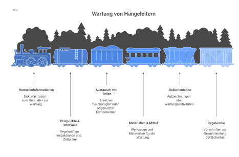 Infografik zur Wartung von Hängeleitern, die vier Kernbereiche nach Herstellerinformationen und den Regelwerken BetrSichV und DIN EN 131 darstellt.