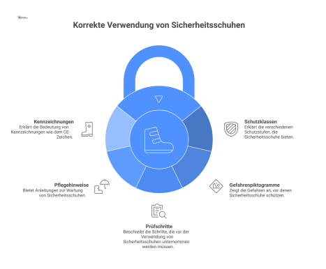 Infografik eines Sicherheitsschuhs im Querschnitt, umgeben von erklärenden Icons und Texten zu Schutzklassen, Gefahren und Pflegehinweisen.