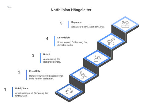 Infografik-Flussdiagramm eines Notfallplans für Hängeleitern mit Prozessketten für Unfall/Sturz und Leiterdefekt sowie Icons für Alarmkette.