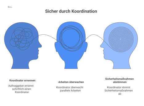 Infografik über die Rolle des Fremdfirmenkoordinators, der zentral die Sicherheitsmaßnahmen und parallelen Arbeiten mehrerer Firmen für einen Auftraggeber koordiniert.