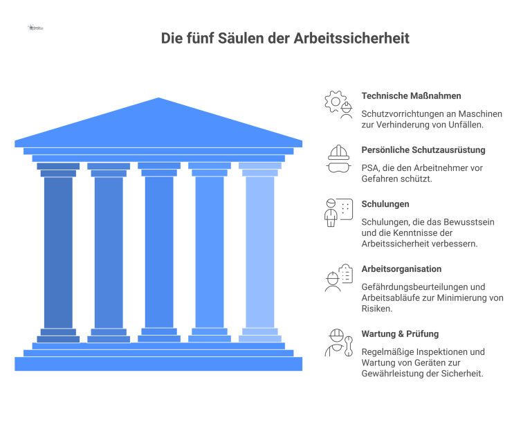 Infografik, die die fünf Säulen der Arbeitssicherheit darstellt: Technische Maßnahmen, PSA, Schulungen, Arbeitsorganisation und Wartung & Prüfung.