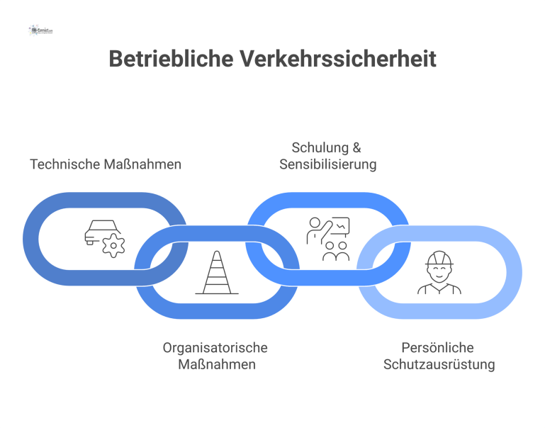 Mindmap-Infografik zum Thema betriebliche Verkehrssicherheit mit vier Hauptästen: Technische und organisatorische Maßnahmen, Schulung sowie persönliche Schutzausrüstung.